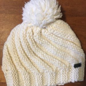 North face white wool mix hat with pom pom